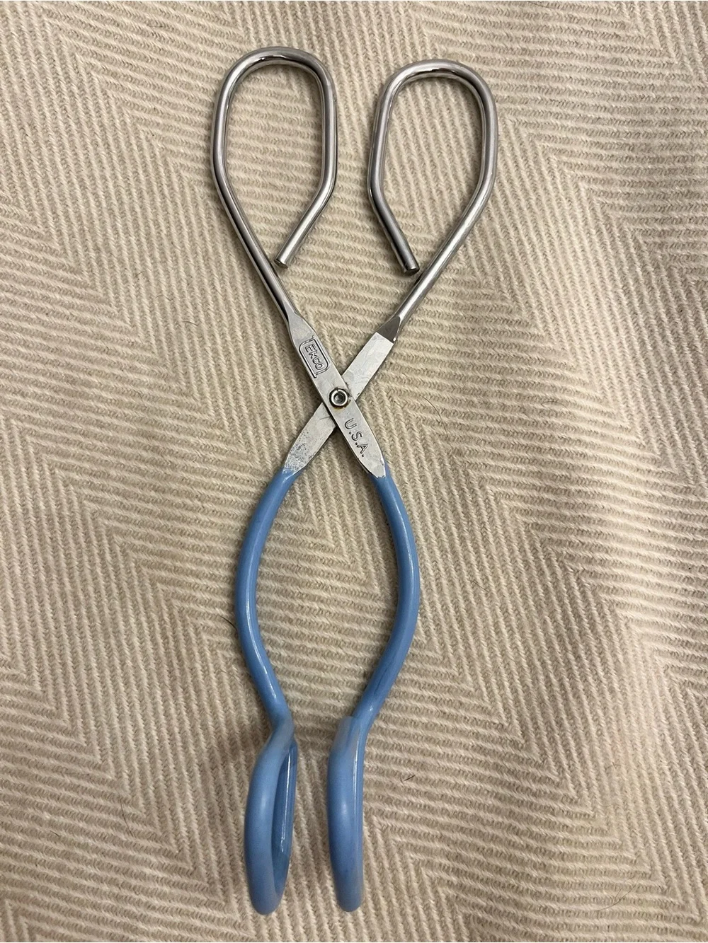EKCO vintage kitchen tongs Blue & Silver 8 in Made in the USA